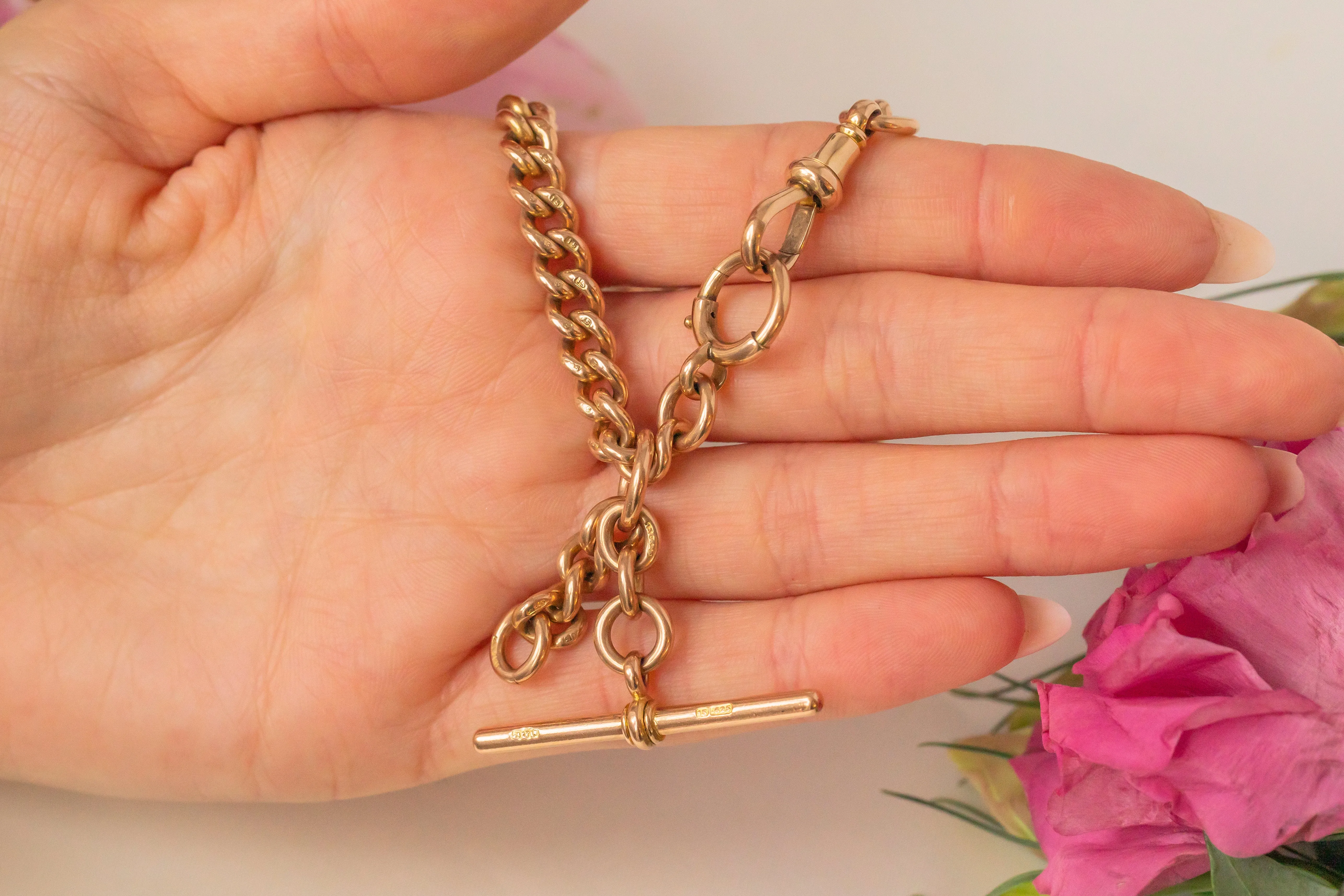 15.5" Antique 15ct Gold Albert Chain, With T-Bar, Dog Clip & Bolt Ring (60.3g)