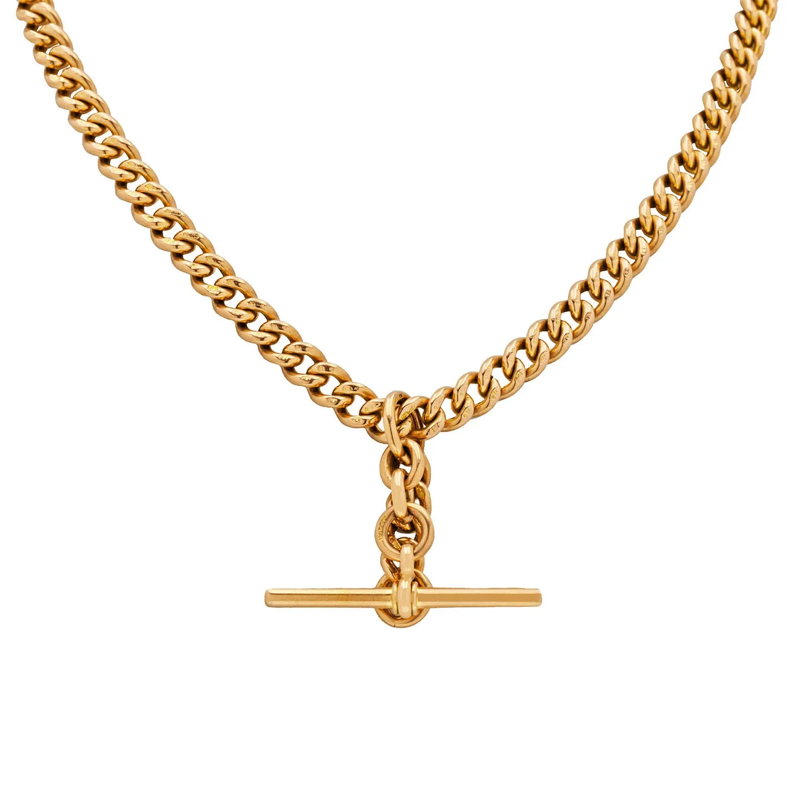 15.5" Antique 15ct Gold Albert Chain, With T-Bar, Dog Clip & Bolt Ring (60.3g)