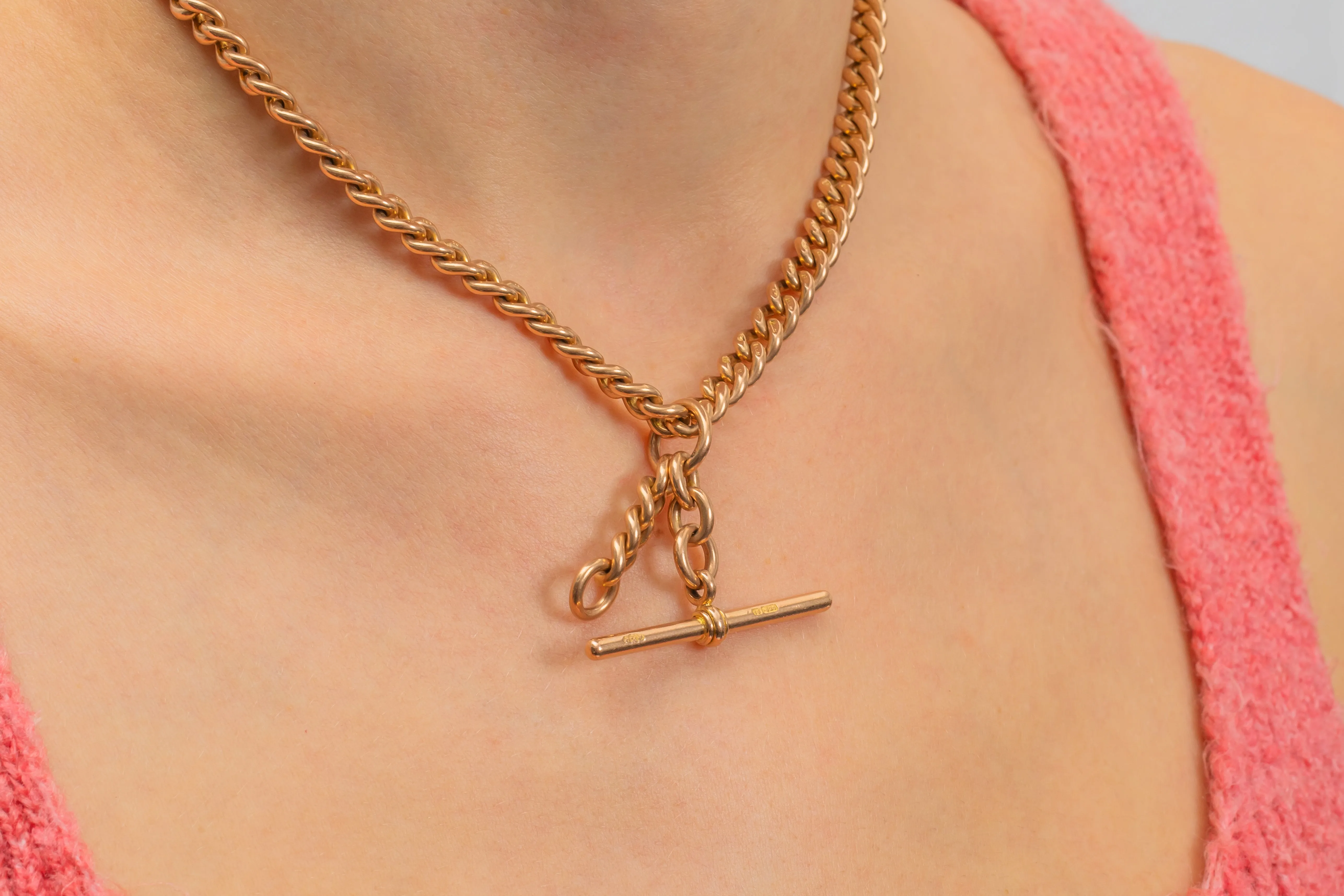 15.5" Antique 15ct Gold Albert Chain, With T-Bar, Dog Clip & Bolt Ring (60.3g)