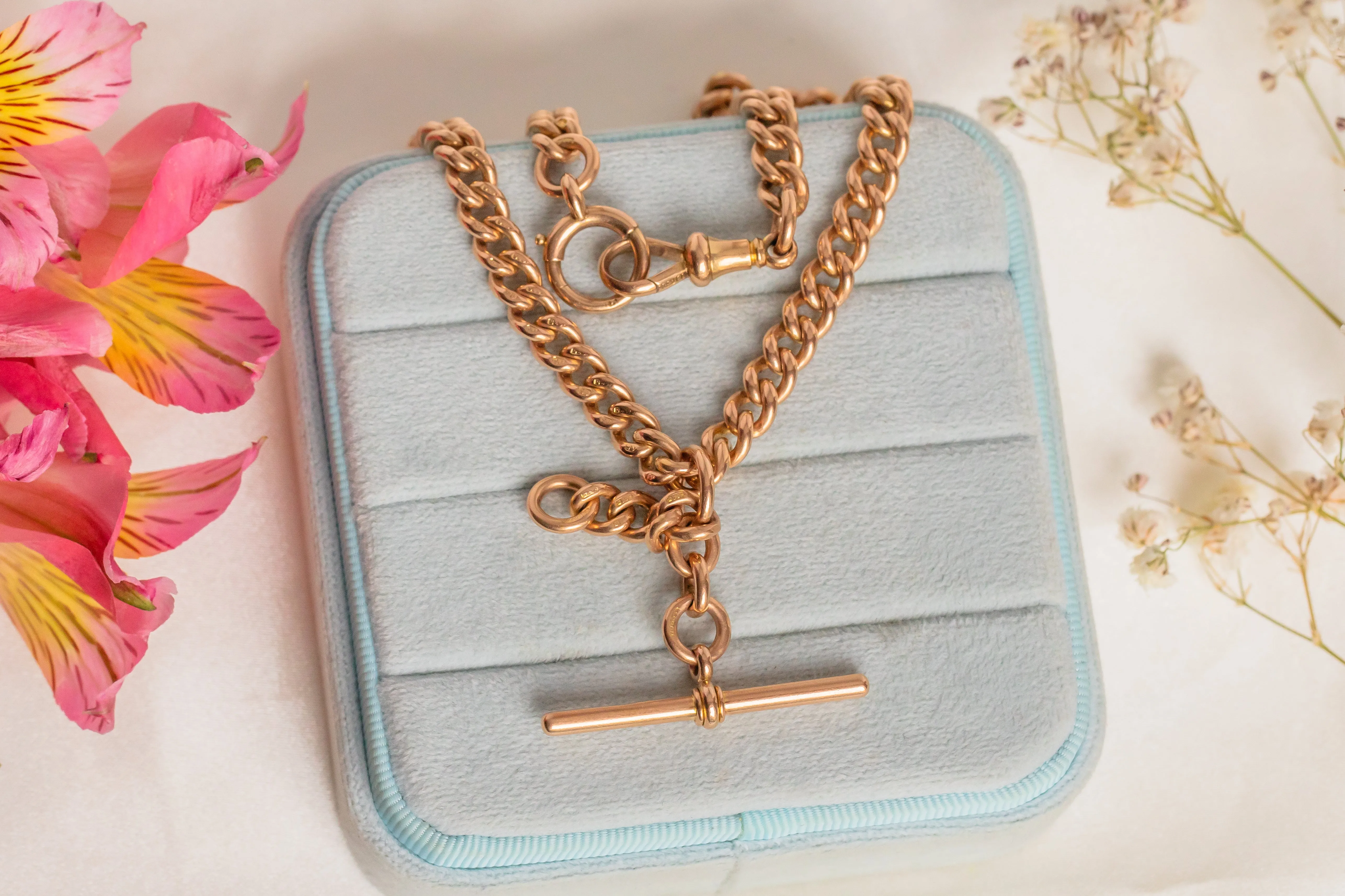 15.5" Antique 15ct Gold Albert Chain, With T-Bar, Dog Clip & Bolt Ring (60.3g)