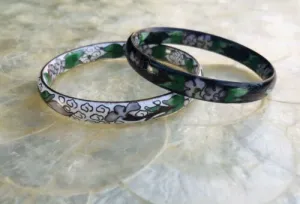 Antique Chinese Cloisonne Vintage Enamel Multicolor Bangle Bracelet Set of 2