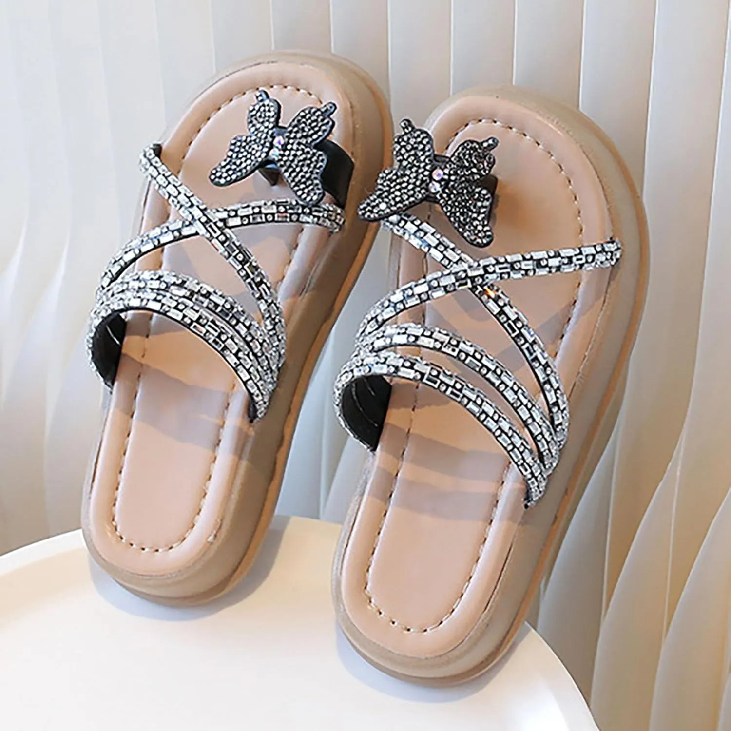 Baby Girls Flat Open Toe Sandals Slipper Bow Glitter Indoor Summer Wide Shoes Sole Rubber Beach Pool Breathable Shoes