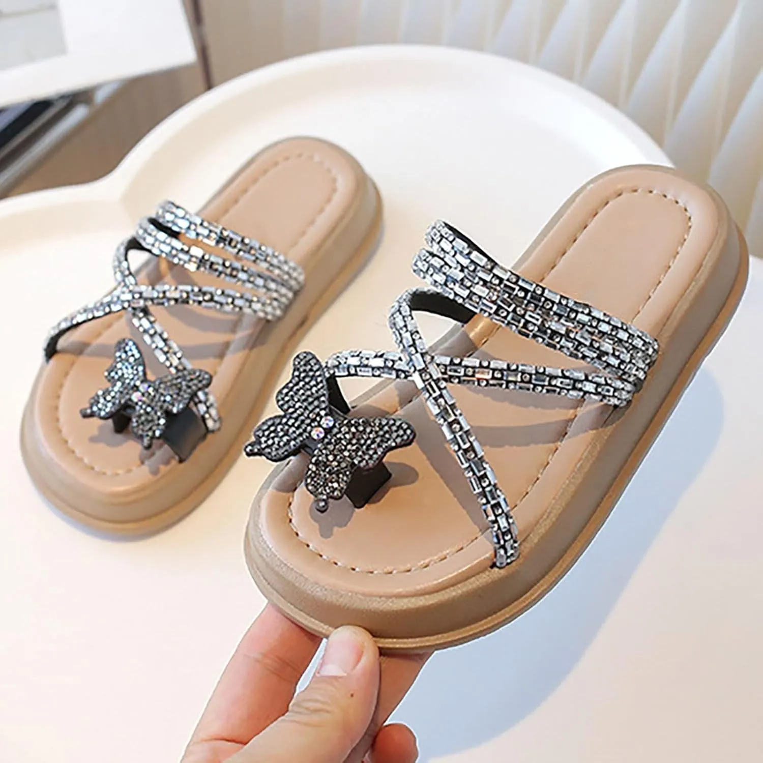 Baby Girls Flat Open Toe Sandals Slipper Bow Glitter Indoor Summer Wide Shoes Sole Rubber Beach Pool Breathable Shoes