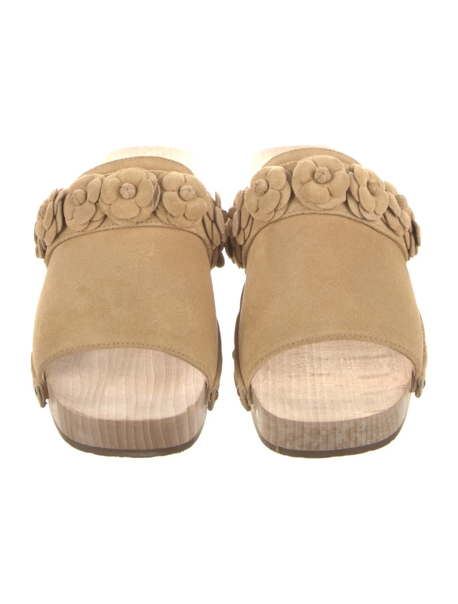 CHANEL CALFSKIN SUEDE CAMELLIA MULES CLOGS
