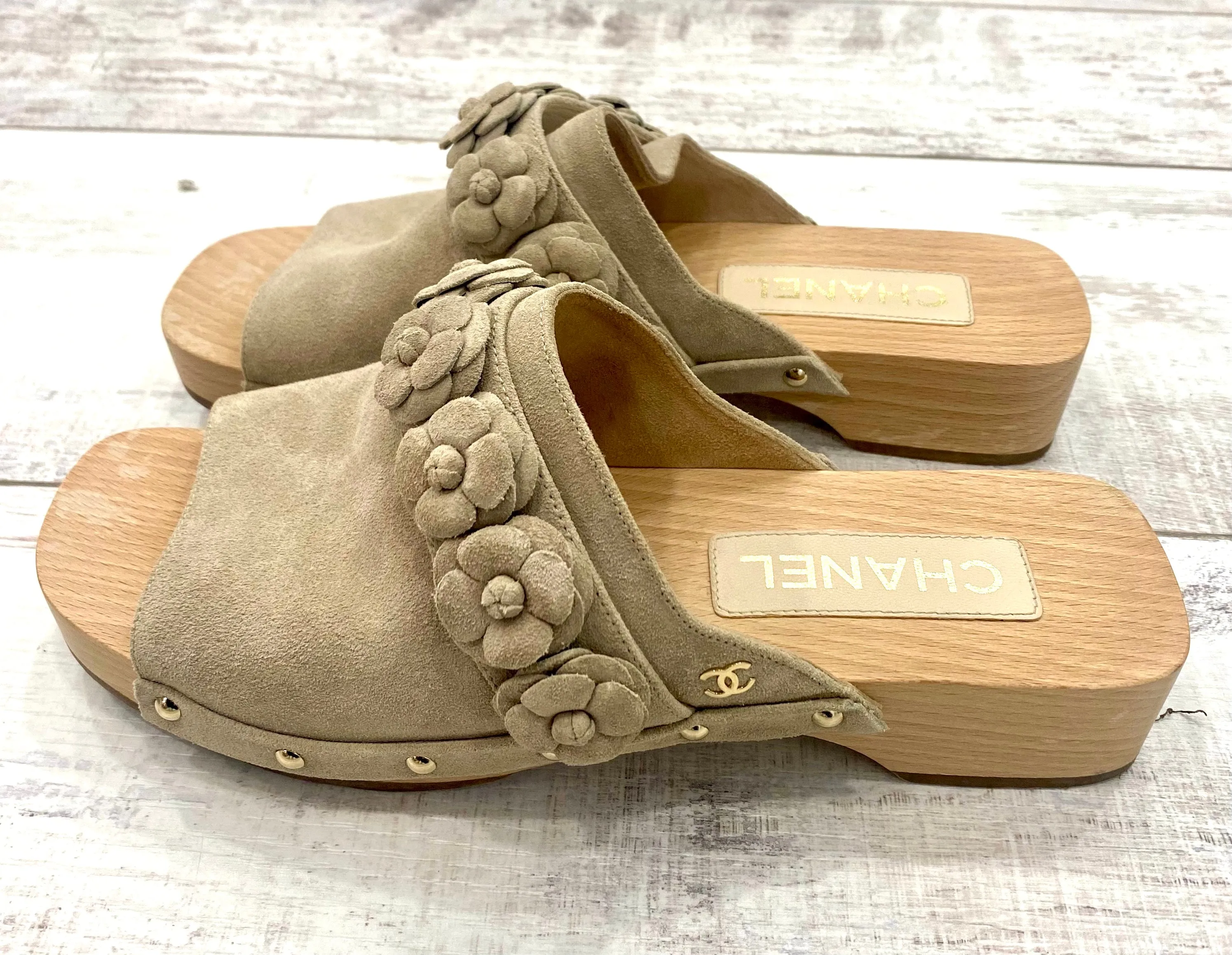 CHANEL CALFSKIN SUEDE CAMELLIA MULES CLOGS