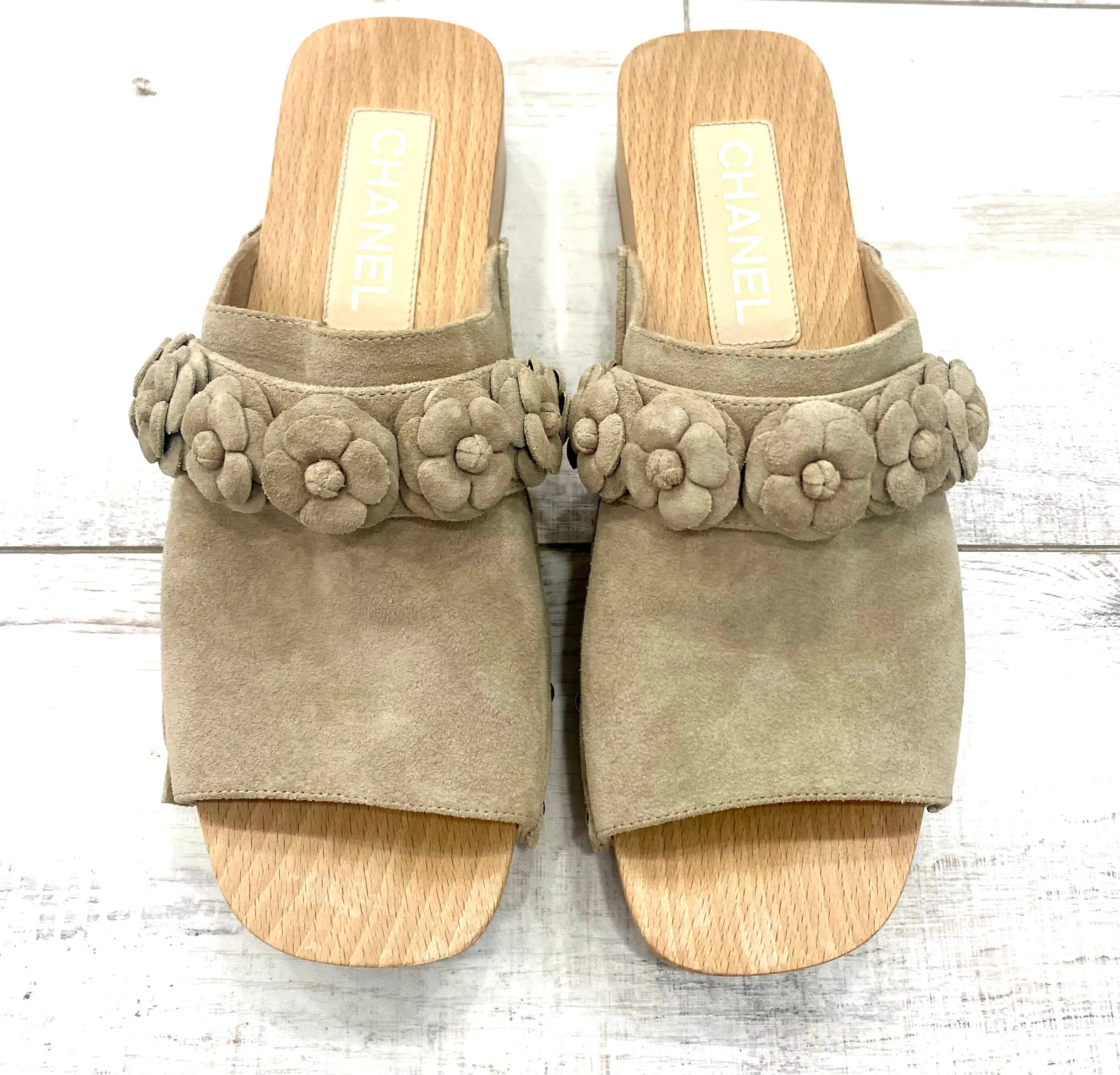 CHANEL CALFSKIN SUEDE CAMELLIA MULES CLOGS
