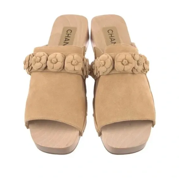 CHANEL CALFSKIN SUEDE CAMELLIA MULES CLOGS