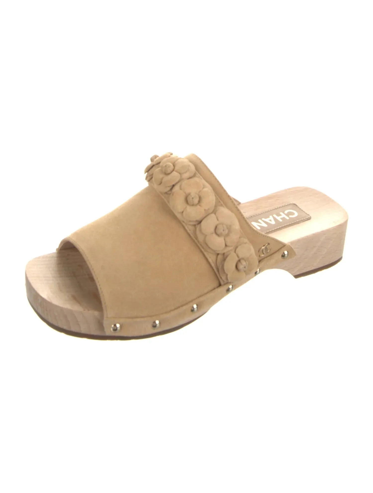 CHANEL CALFSKIN SUEDE CAMELLIA MULES CLOGS