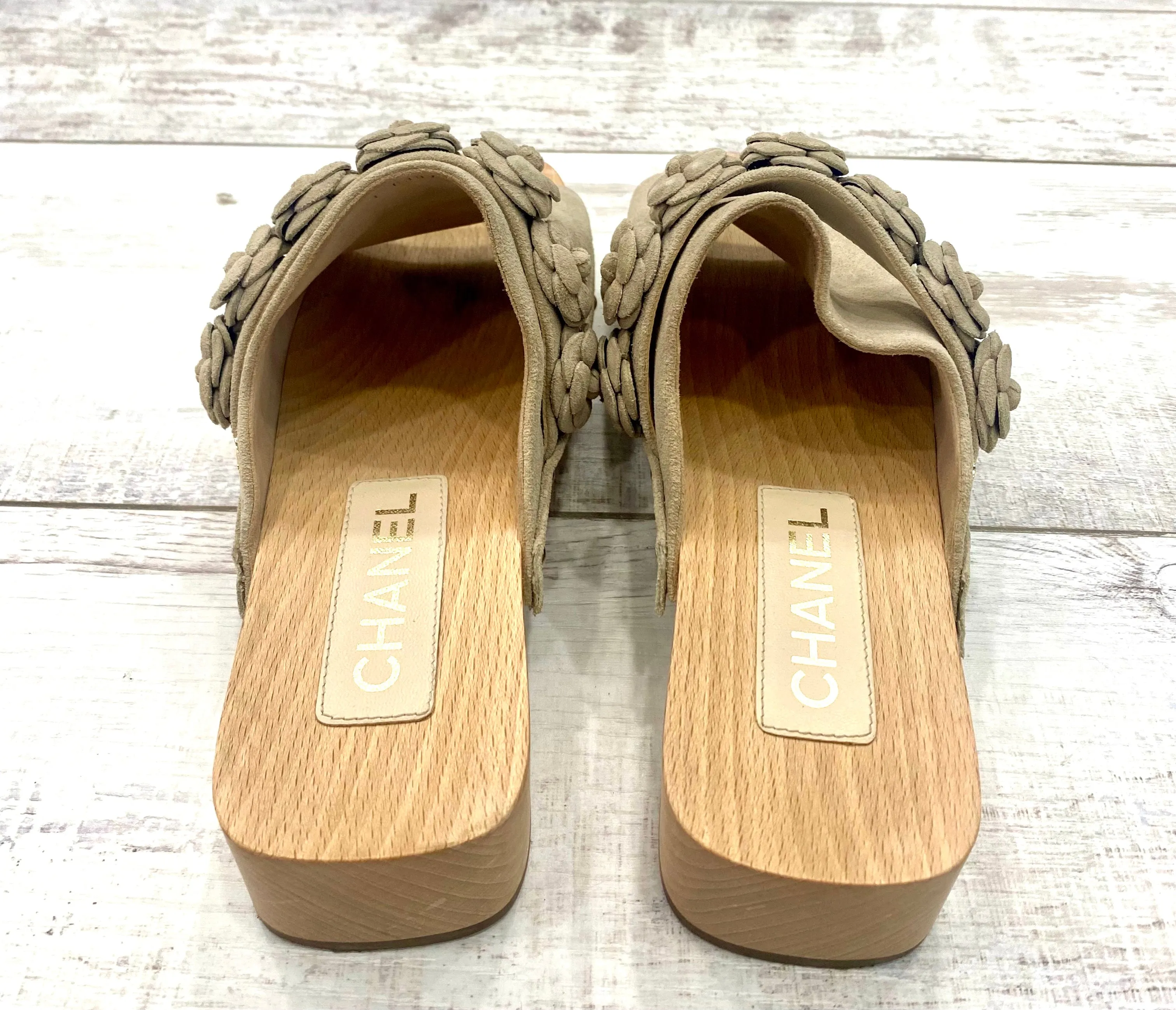 CHANEL CALFSKIN SUEDE CAMELLIA MULES CLOGS