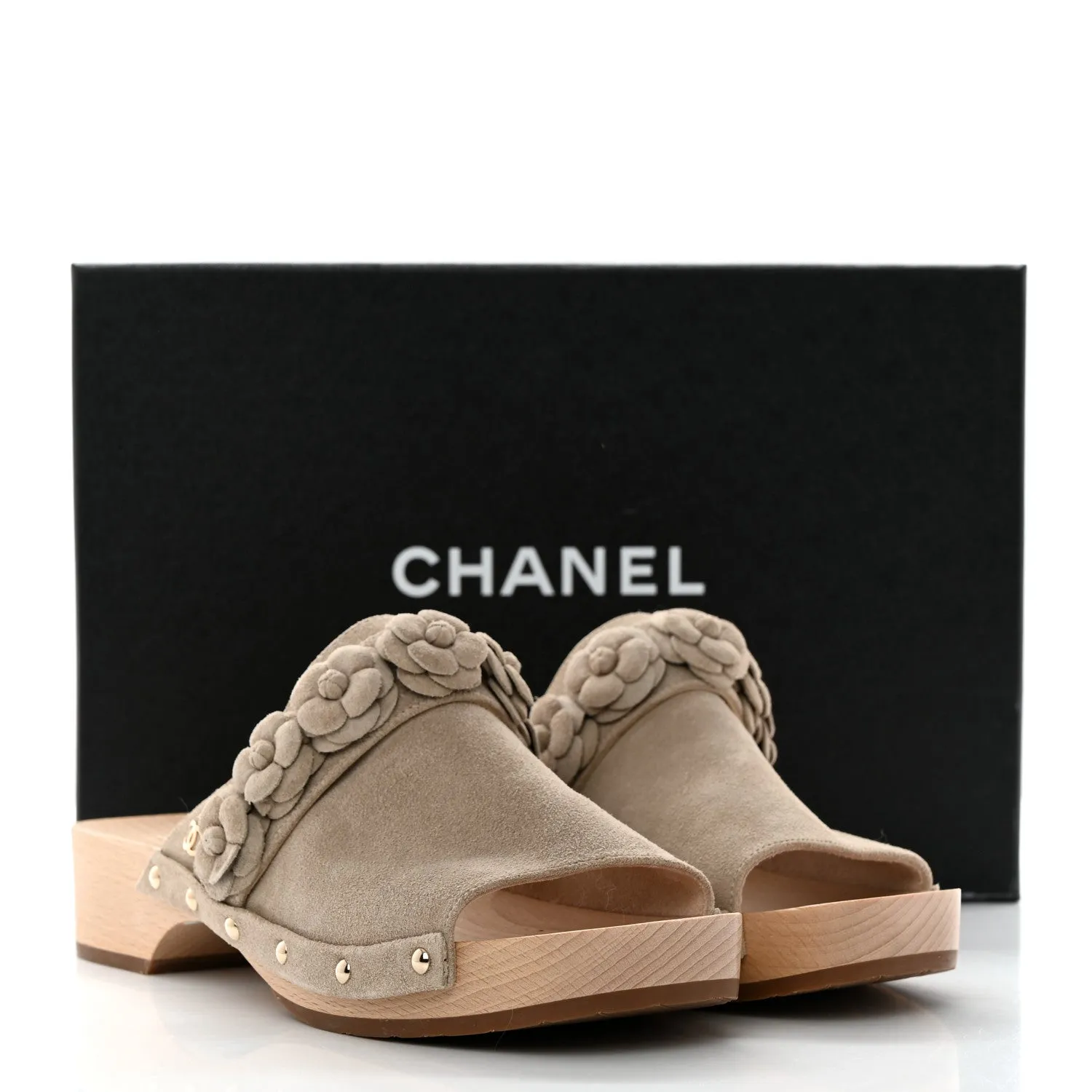 CHANEL CALFSKIN SUEDE CAMELLIA MULES CLOGS