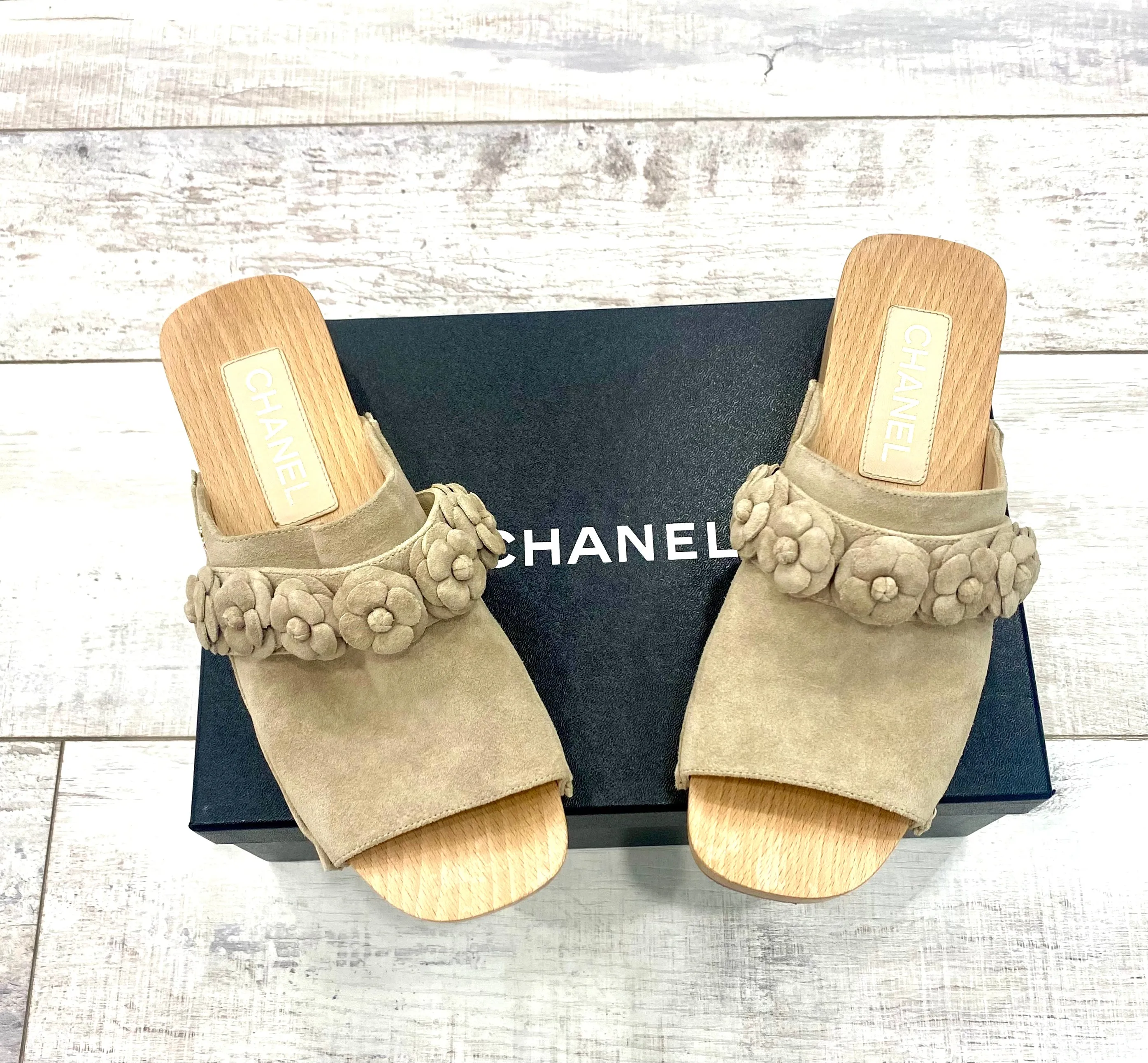 CHANEL CALFSKIN SUEDE CAMELLIA MULES CLOGS