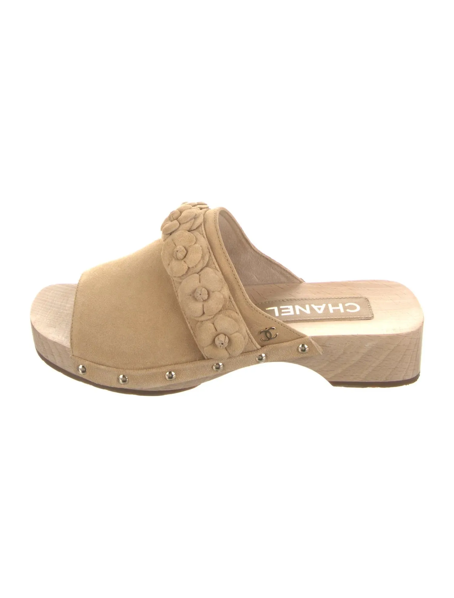 CHANEL CALFSKIN SUEDE CAMELLIA MULES CLOGS
