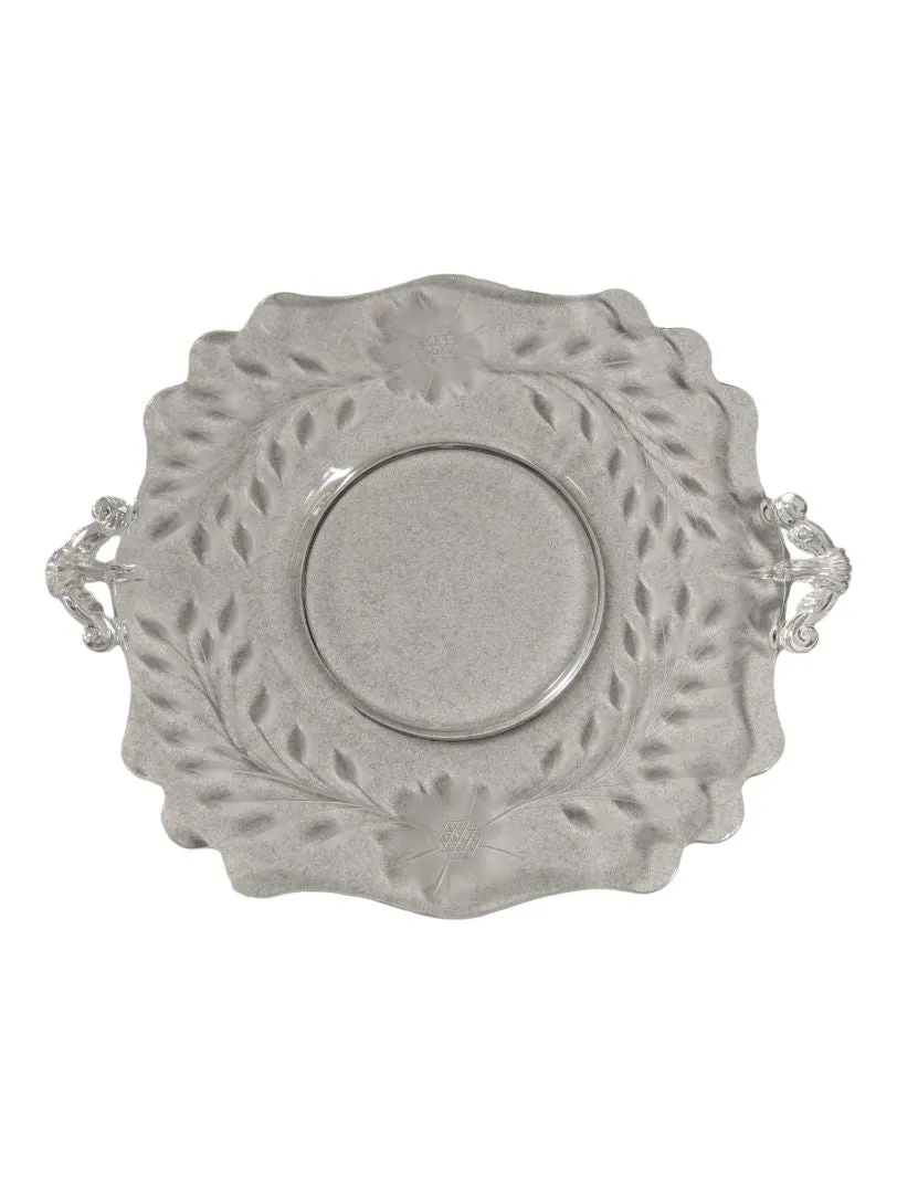 FLORAL ETCHED GLASS SERVING TRAY W HANDLES