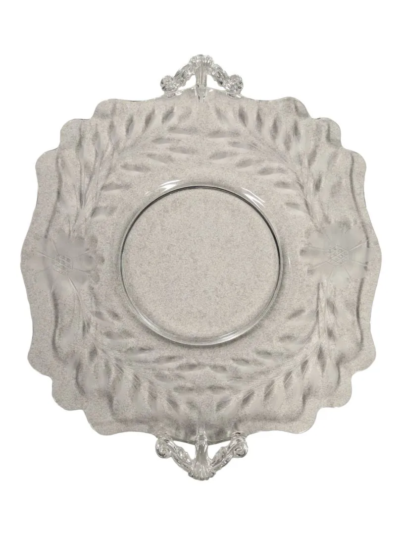 FLORAL ETCHED GLASS SERVING TRAY W HANDLES