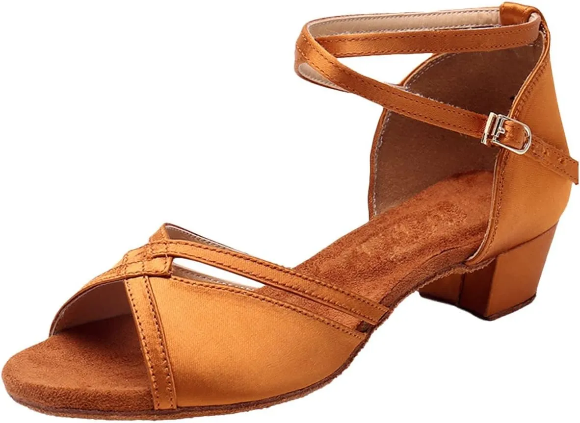 Girls Latin Dance Shoes Low Heels Ballroom Tango Performance Practice Dance Shoes for Little Kids Tan Shoes