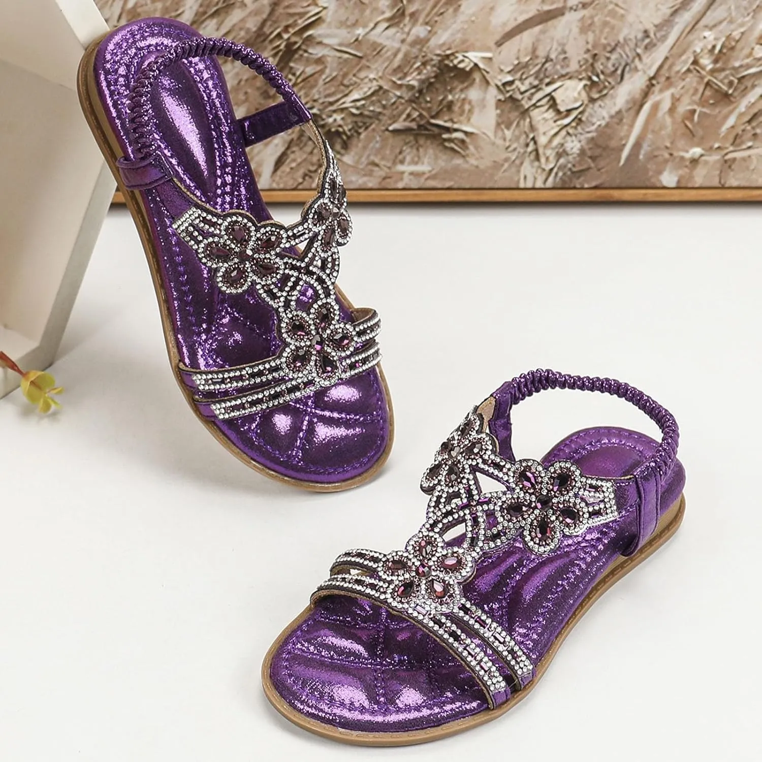 Girls Sandals Flower Rhinestone Glitter Bohemian T-Strap Flats Open Toe Sandals Kids Casual Summer Dress Shoes
