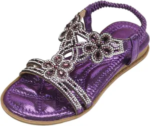 Girls Sandals Flower Rhinestone Glitter Bohemian T-Strap Flats Open Toe Sandals Kids Casual Summer Dress Shoes