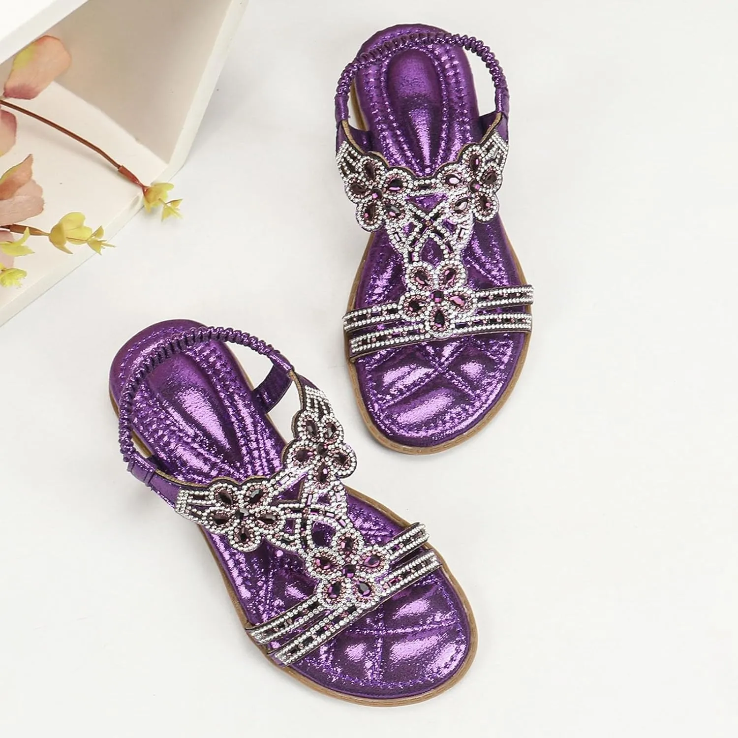 Girls Sandals Flower Rhinestone Glitter Bohemian T-Strap Flats Open Toe Sandals Kids Casual Summer Dress Shoes