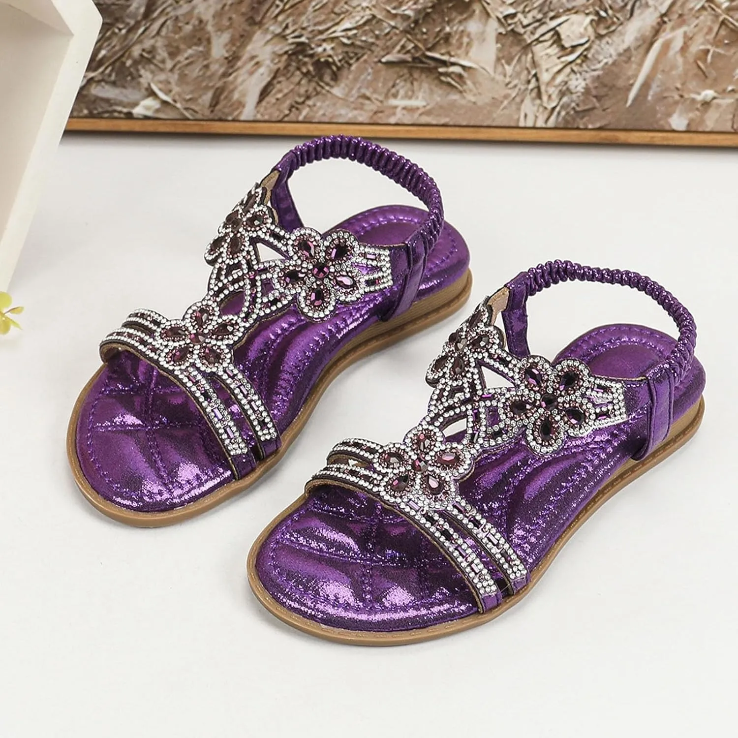Girls Sandals Flower Rhinestone Glitter Bohemian T-Strap Flats Open Toe Sandals Kids Casual Summer Dress Shoes