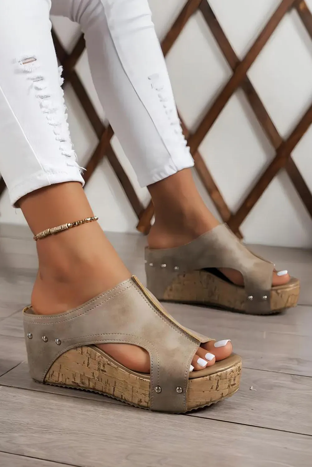 Hollow Studded Leather Wedge Sandals (online only)
