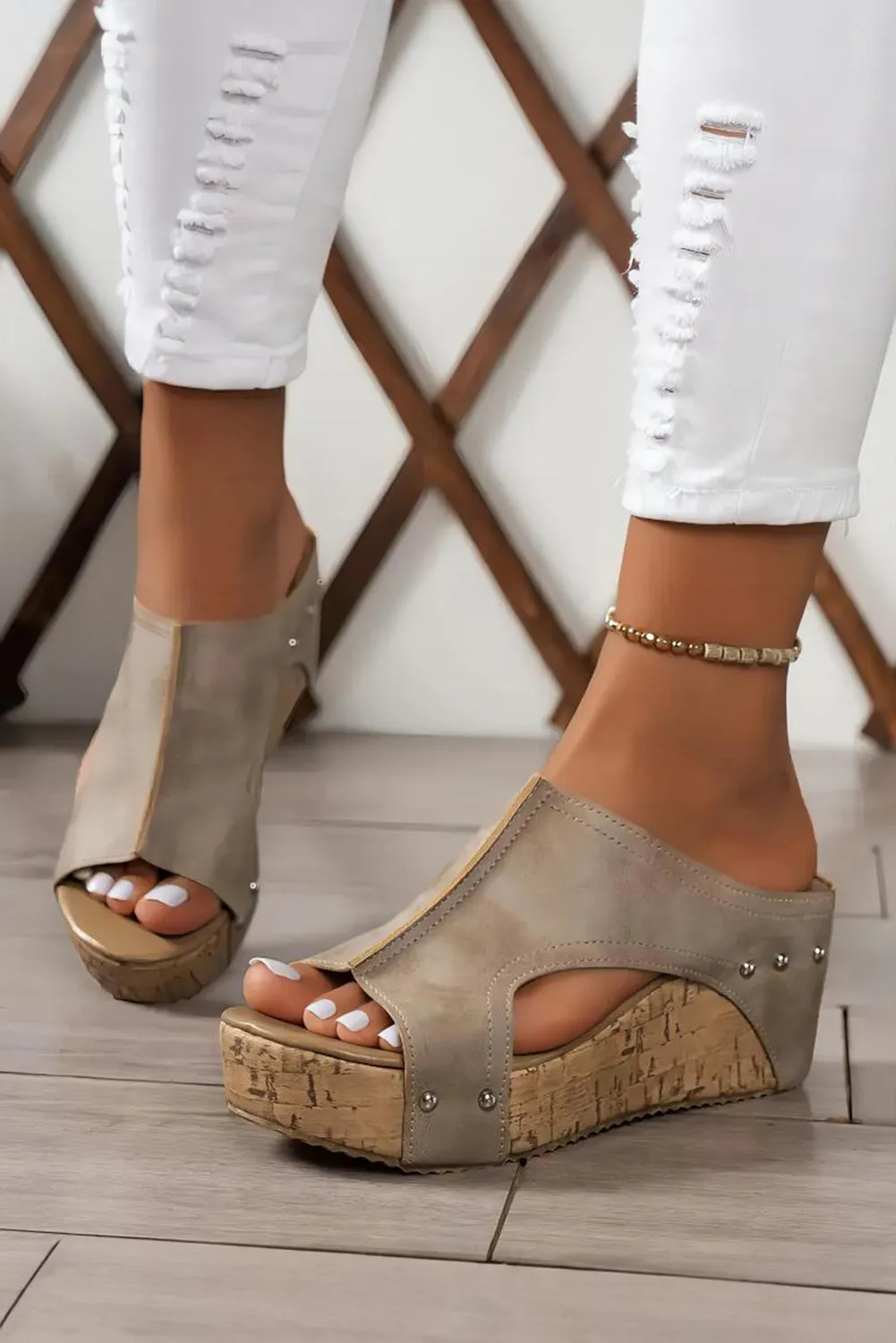 Hollow Studded Leather Wedge Sandals (online only)