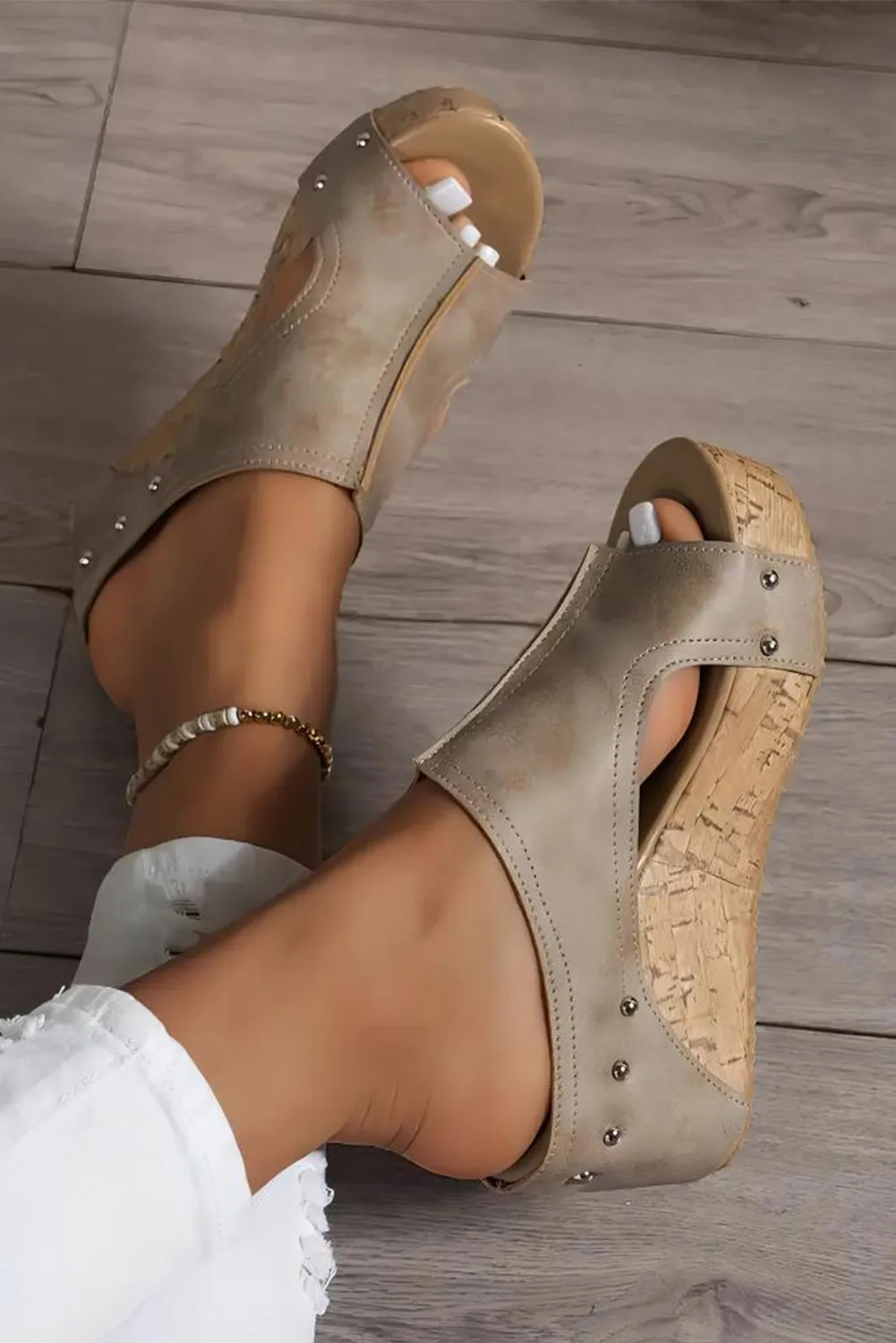 Hollow Studded Leather Wedge Sandals (online only)