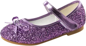 Kids Sparkly Mary Jane Shoes Bowknot Flat Toddler Girls Glitter Princess Dress Shoes Strap Rubber Soles Wedding
