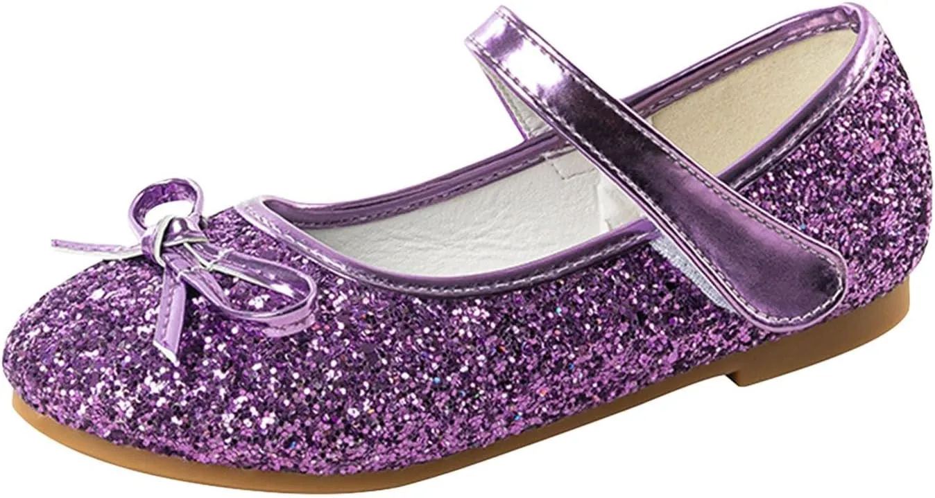 Kids Sparkly Mary Jane Shoes Bowknot Flat Toddler Girls Glitter Princess Dress Shoes Strap Rubber Soles Wedding
