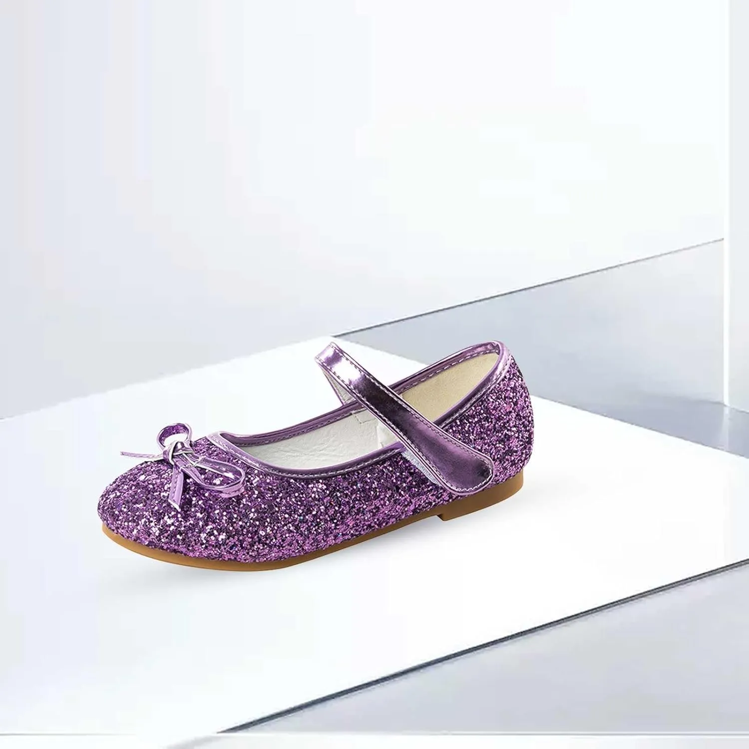 Kids Sparkly Mary Jane Shoes Bowknot Flat Toddler Girls Glitter Princess Dress Shoes Strap Rubber Soles Wedding