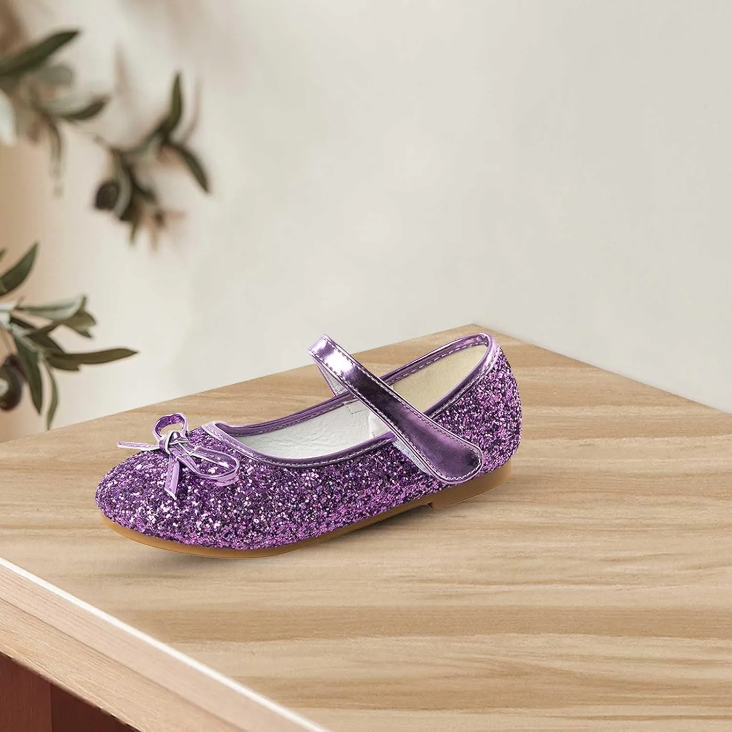 Kids Sparkly Mary Jane Shoes Bowknot Flat Toddler Girls Glitter Princess Dress Shoes Strap Rubber Soles Wedding