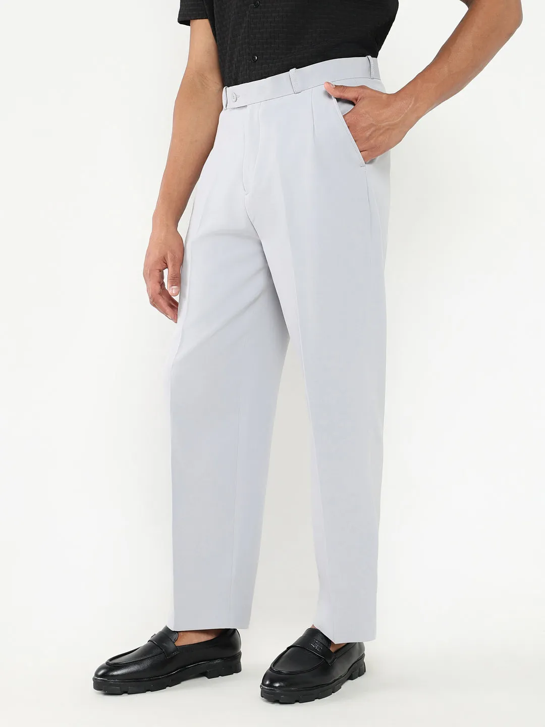 Men Grey Solid Formal Pleated Trousers