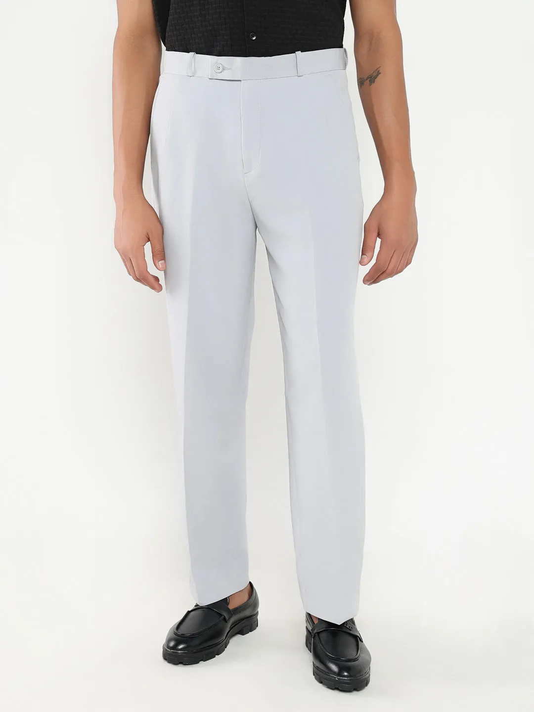 Men Grey Solid Formal Pleated Trousers