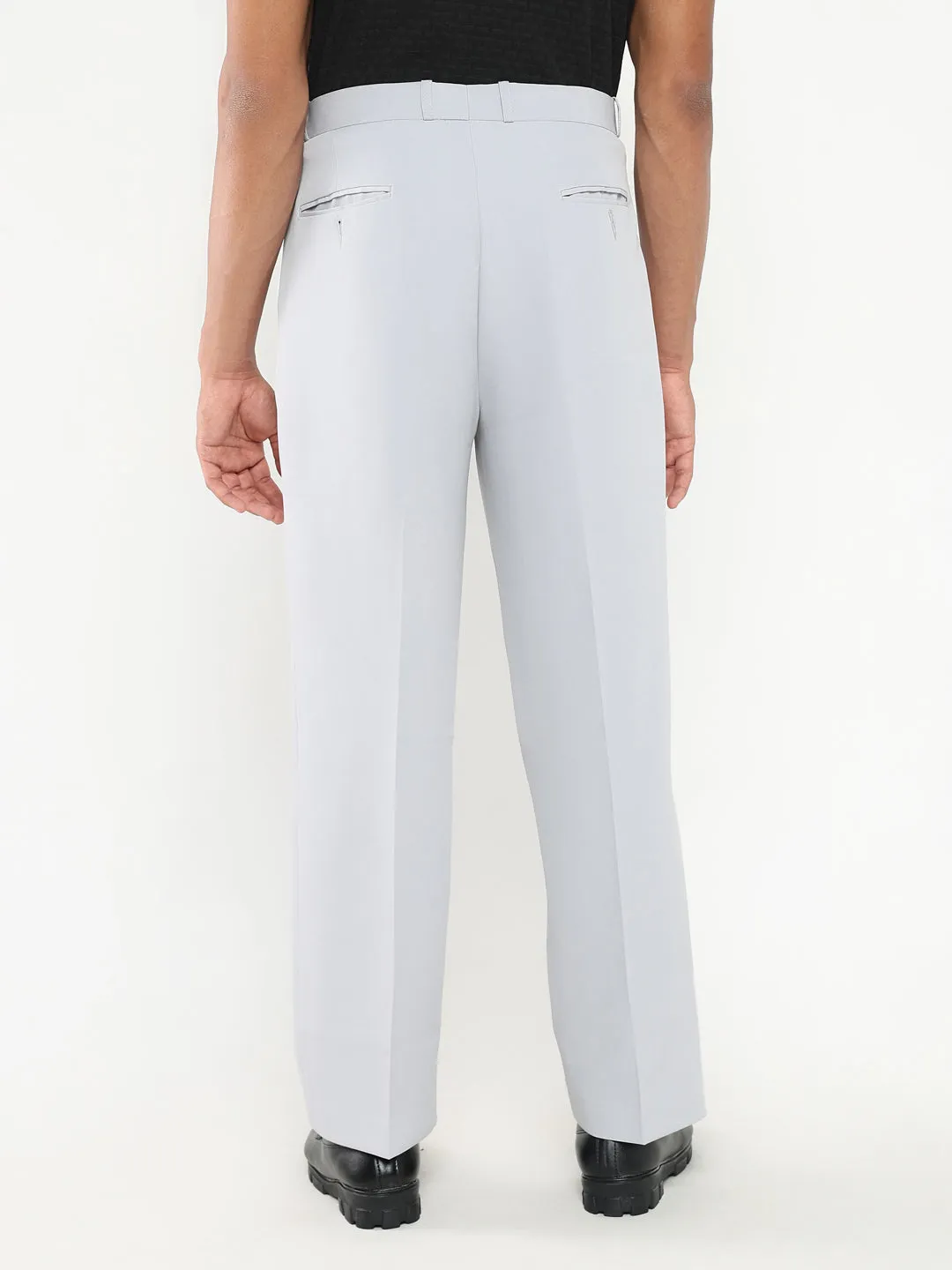 Men Grey Solid Formal Pleated Trousers