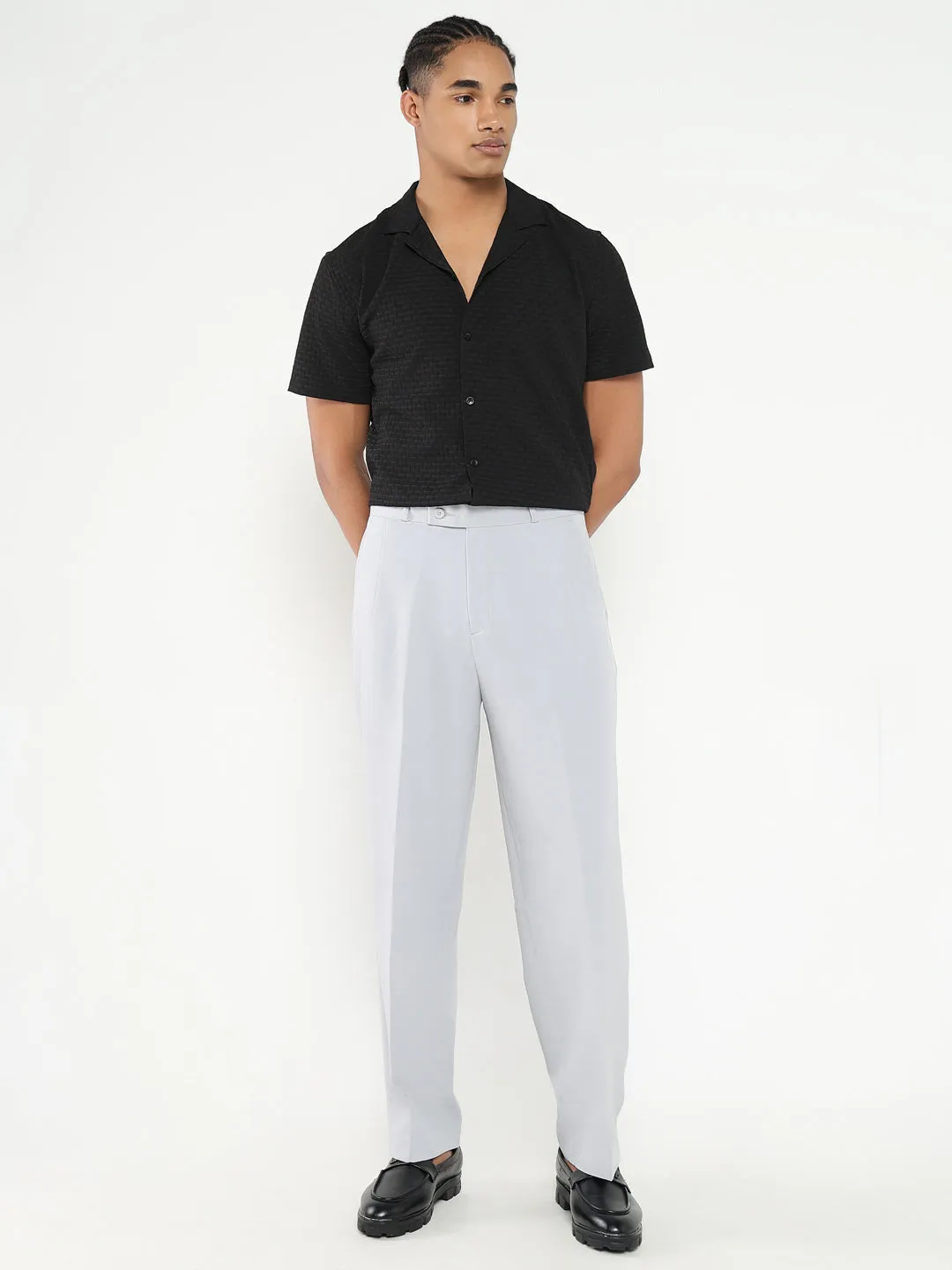 Men Grey Solid Formal Pleated Trousers