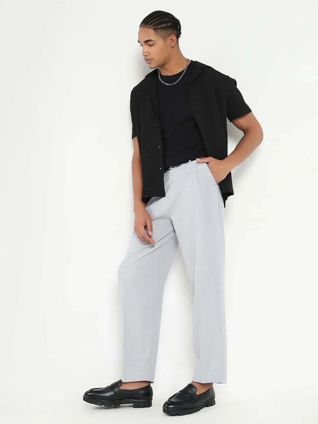 Men Grey Solid Formal Pleated Trousers