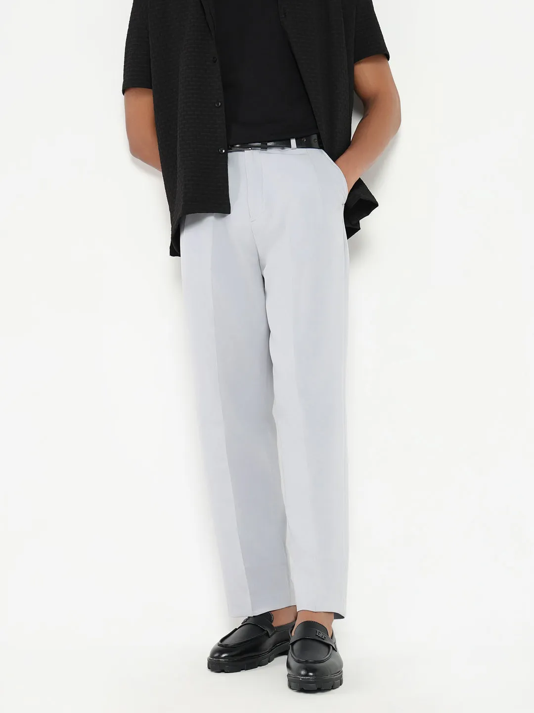 Men Grey Solid Formal Pleated Trousers