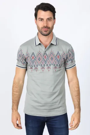 Mens Modern Fit Stretch Cotton Polo with Aztec Print from Platini Fashion