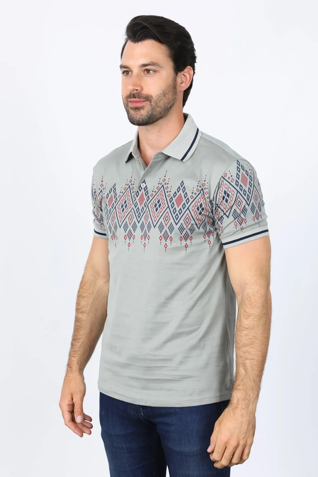Mens Modern Fit Stretch Cotton Polo with Aztec Print from Platini Fashion