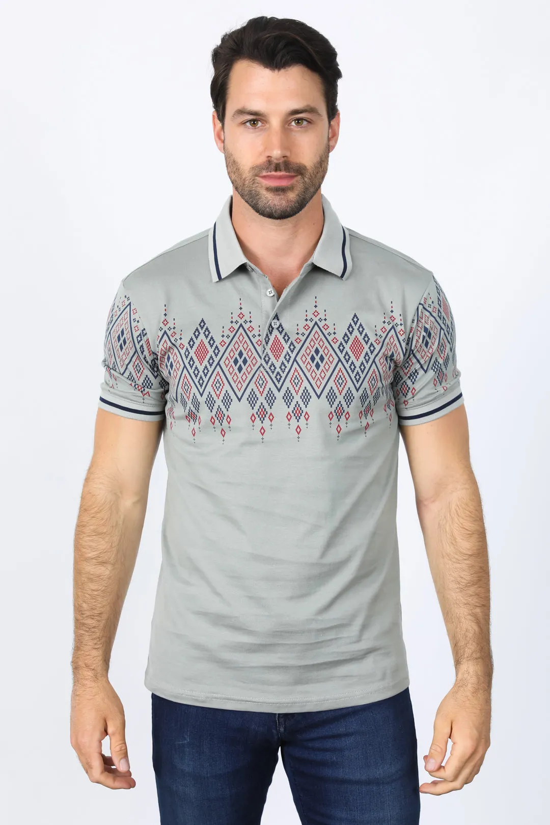 Mens Modern Fit Stretch Cotton Polo with Aztec Print from Platini Fashion