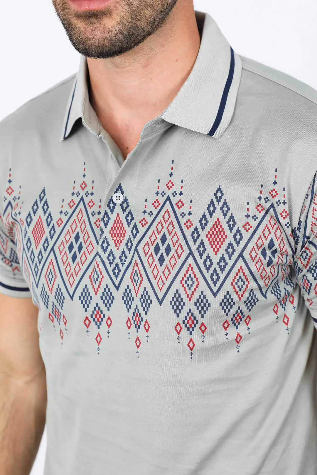 Mens Modern Fit Stretch Cotton Polo with Aztec Print from Platini Fashion