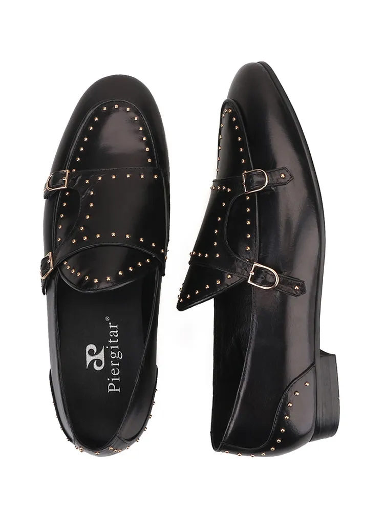 New imported cowhide men's wedding loafers with buckles, small metal rivets, European and American slip-on formal shoes