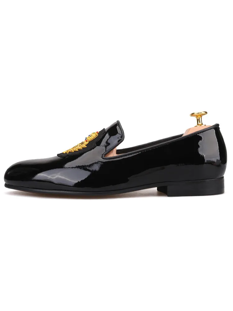 New men's genuine leather patent leather loafers imported crown Indian silk trendy wedding banquet slip-on formal shoes