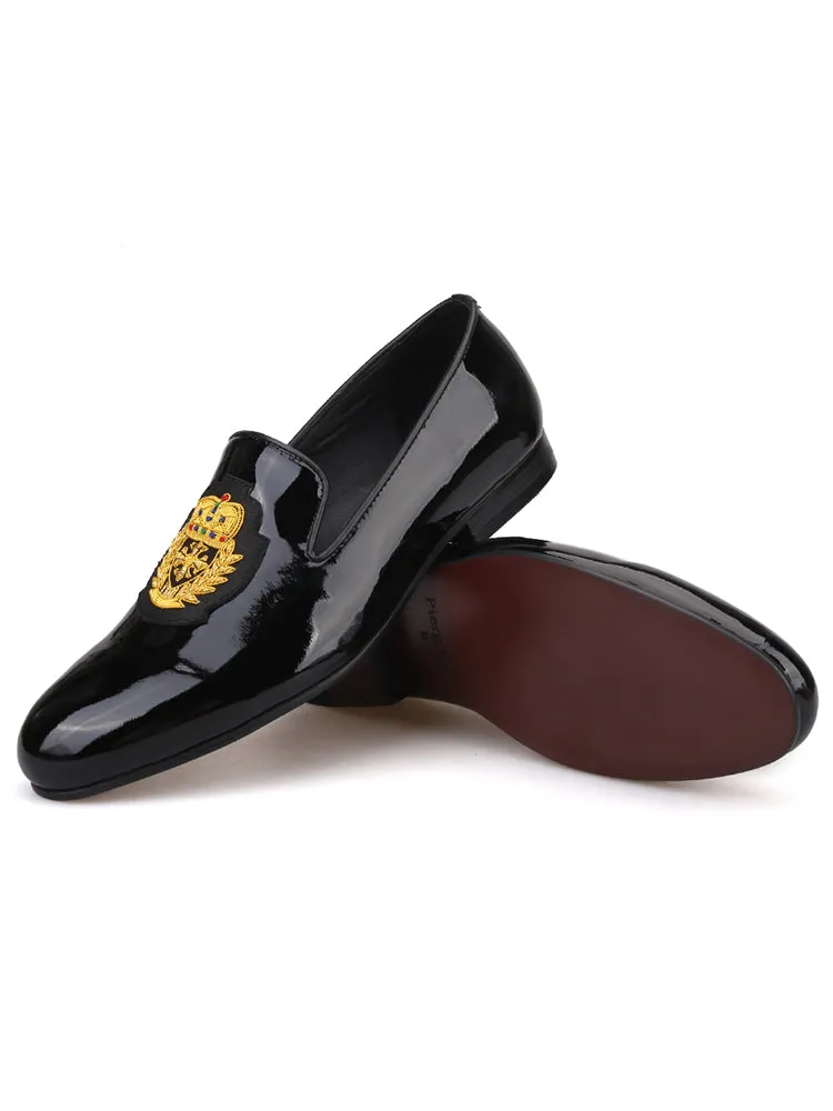 New men's genuine leather patent leather loafers imported crown Indian silk trendy wedding banquet slip-on formal shoes