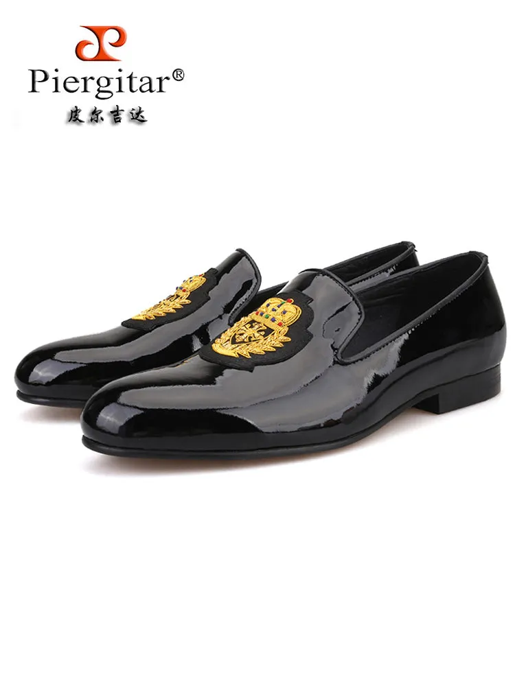 New men's genuine leather patent leather loafers imported crown Indian silk trendy wedding banquet slip-on formal shoes
