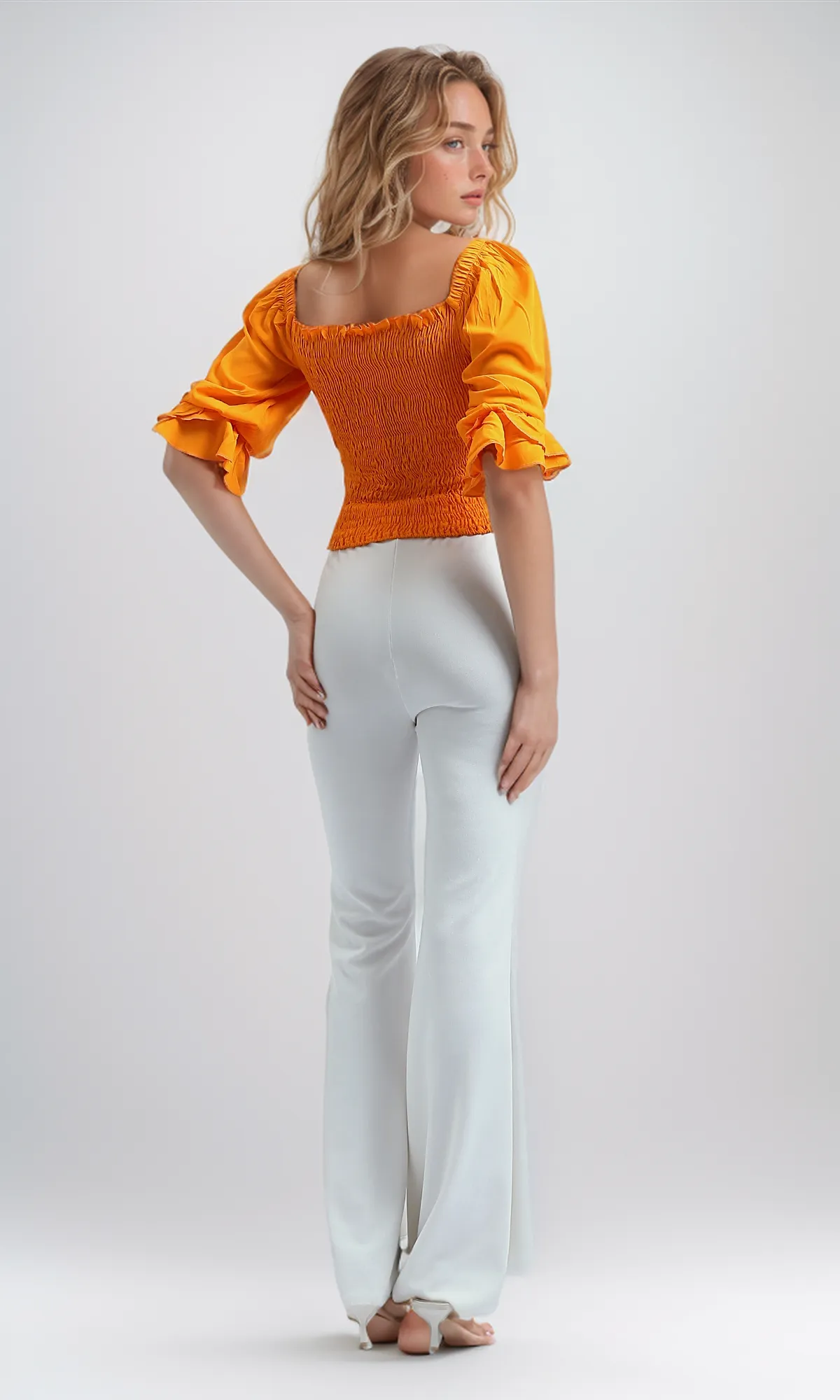 O179195 Cropped Ruffle Top Square Neck -Hot Orange