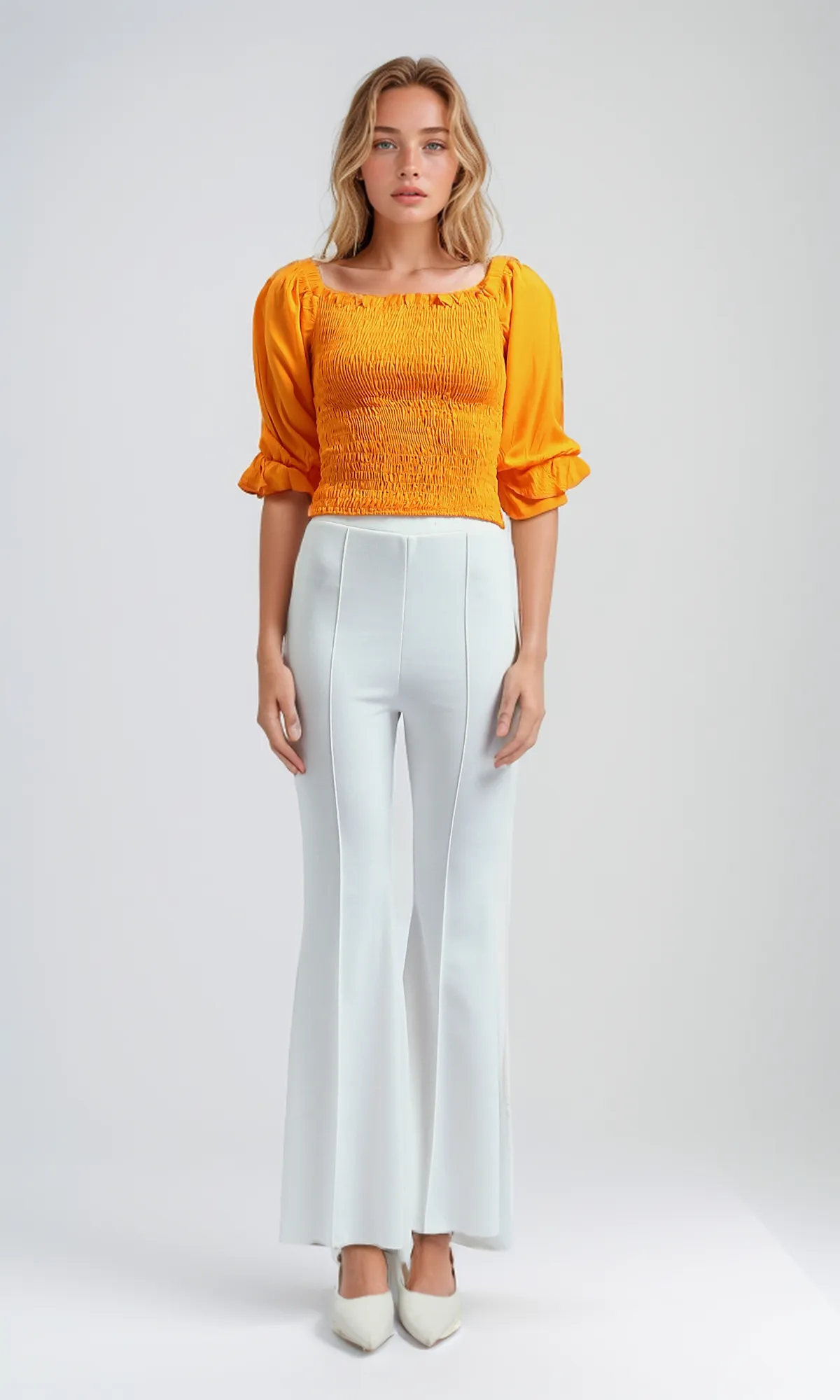 O179195 Cropped Ruffle Top Square Neck -Hot Orange