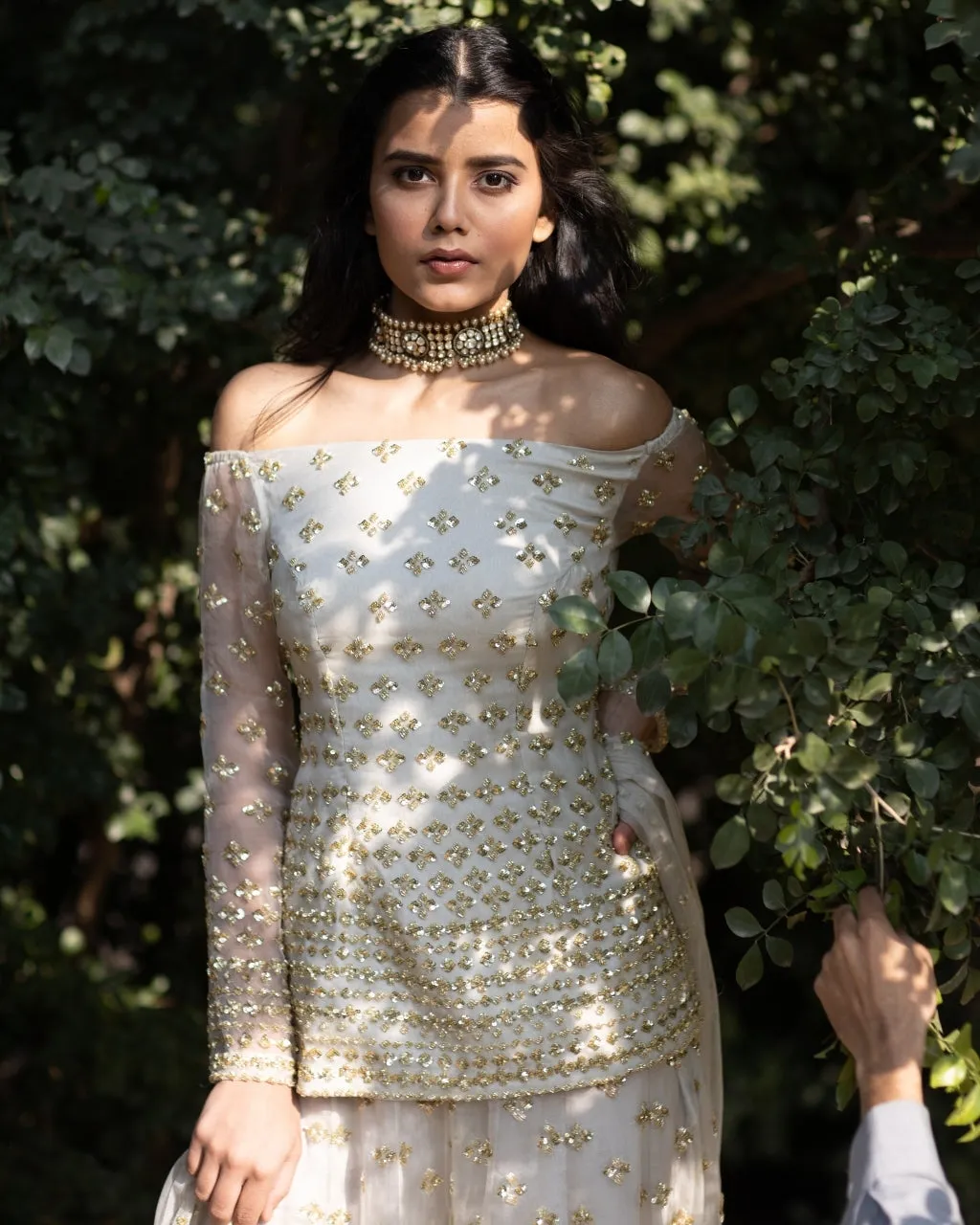 Powder Grey Off Shoulder Bootie Kurti And Sharara Set
