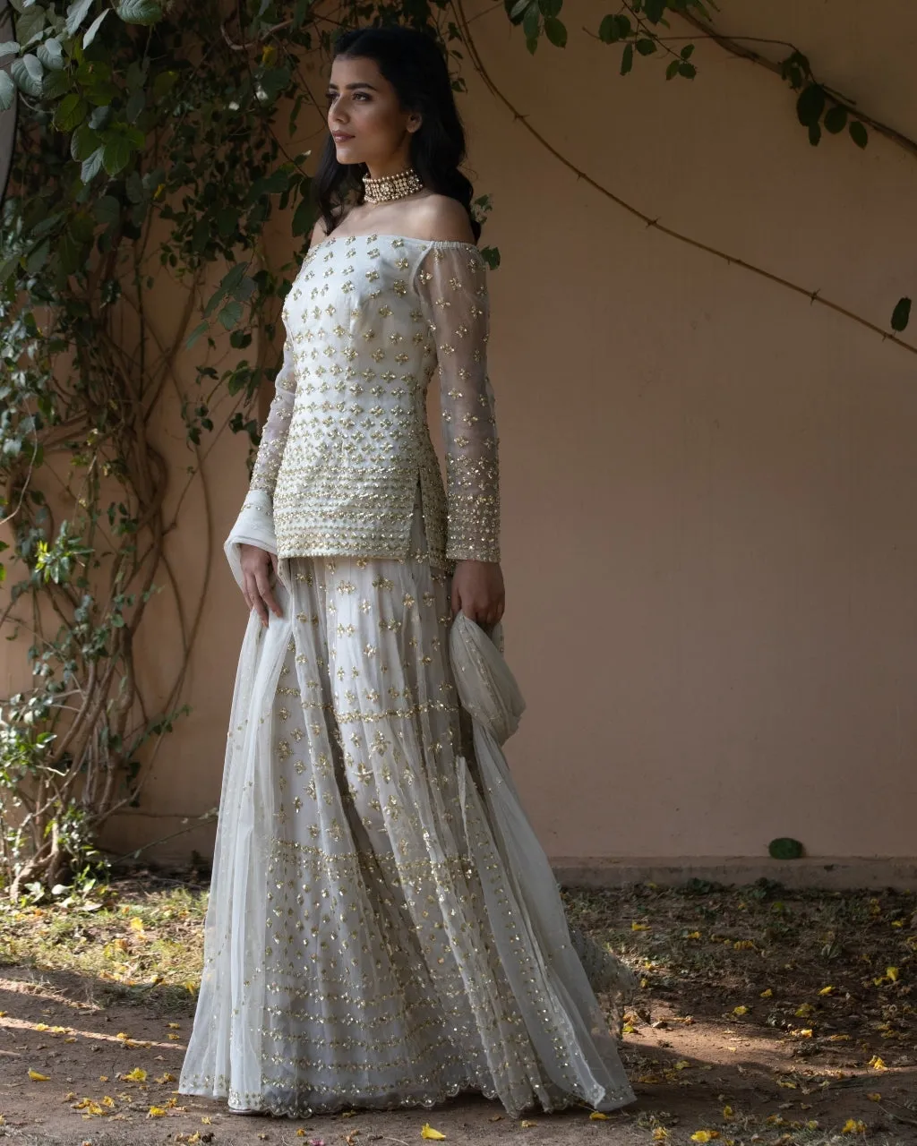 Powder Grey Off Shoulder Bootie Kurti And Sharara Set
