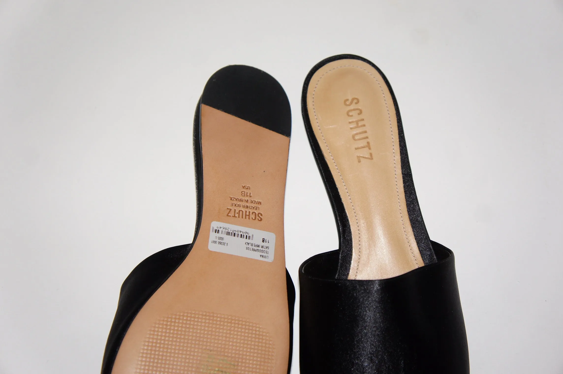 Schutz "Livina" black flat satin mules