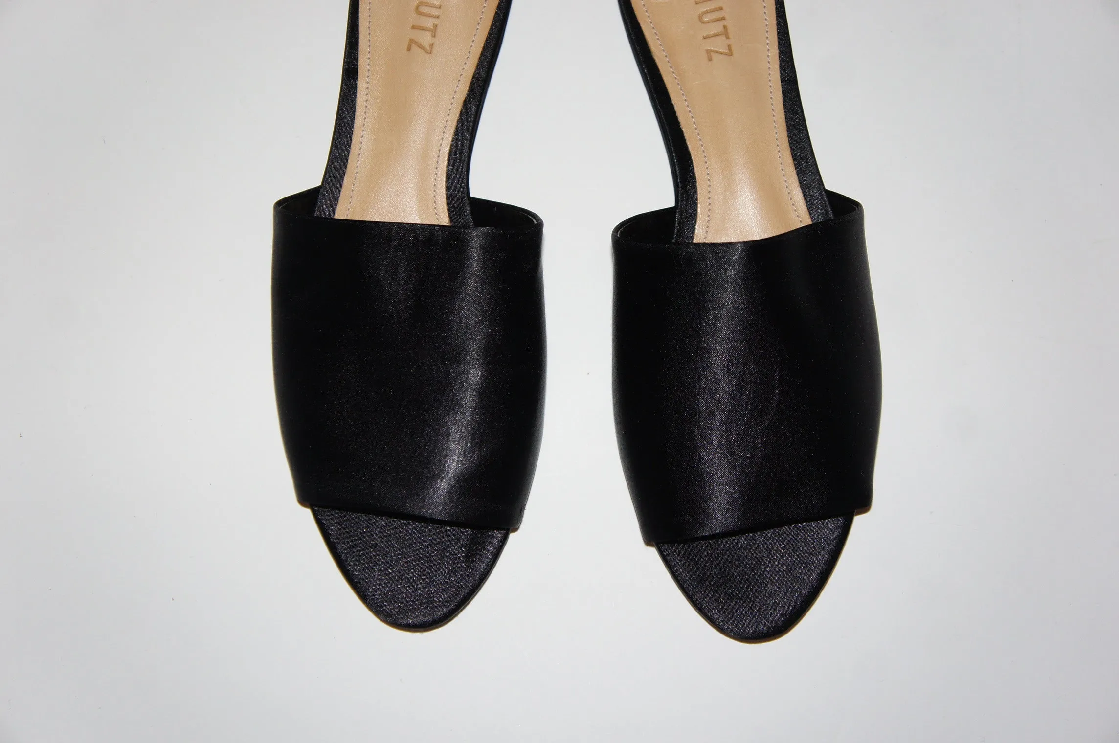 Schutz "Livina" black flat satin mules